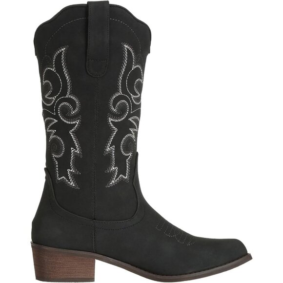 J's.o.l.e Women Black Western Pointed Toe Wide Mid Calf Botte Cowboy Femme Boots - Picture 8 of 8